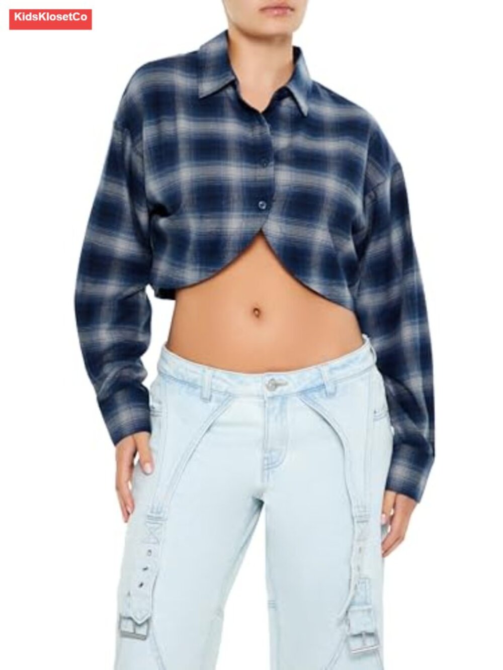 Cropped Plaid Flannel Shirt - Cotton Rayon